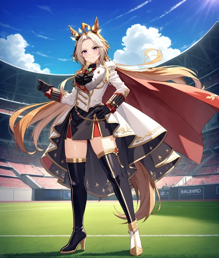 score_9, score_8_up, score_7_up BREAK
(grassland, race:1.3),
shobufuku, 1girl, solo, breasts, looking at viewer, blush, thighhighs, gloves, long sleeves, animal ears, closed mouth, standing, purple eyes, tail, full body, white hair, multicolored hair, boots, black gloves, black thighhighs, (white footwear), black footwear, high heels, hand on hip, thigh boots, horse ears, horse girl, horse tail, high heel boots, epaulettes, aiguillette, ear ornament, (mismatch foot wear, asymmetrical footwear), red cape, (tall nine headed body:1.2),
<lora:orfevre-ponyXL-000006:0.75>,