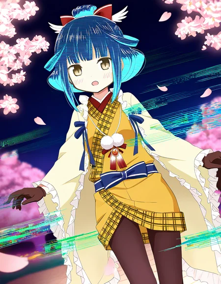 masterpiece, best quality, newest, absurdres, highres, safe, 1girl, hiroe chiharu, magia record: mahou shoujo madoka magica gaiden, glitch hair, glitch, open mouth, solo, outdoors, cherry blossoms, night, dutch angle, <lora:hiroe_chiharu_noobaiXLNAIXL_vPred10Version:0.7>