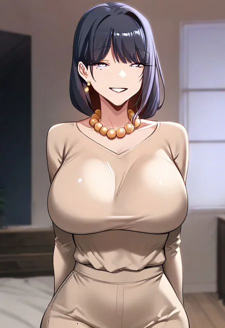 score_9, score_8_up, score_7_up, ASCII masterpiece, source_anime, BREAK, 1girl, solo, (( <lora:lee_eun-jung's_mom:1> , lee_eun-jung's_mom, thin waist, wide hips, beautiful skin, piercing magenta color eyes, clear eyes, bright pupils, beautiful eyes, beautiful light pink hair, beautiful short hair, bangs, big and shaggy breasts, natural beauty, extraordinary beautiful woman, attractive woman, super sexy woman, lustful body, sexy woman with seductive obscene body, sensual body, voluptuous body, sexy beauty, no piercings, no piercing, (1mole under right eye, ) , )) , ((beautiful long-sleeves beige dress, gold earrings, gold pearl necklace, )) , sexy pose, cowboy shot, seducative smile, sexy, hands behind back, inside hotel room, morning lights,