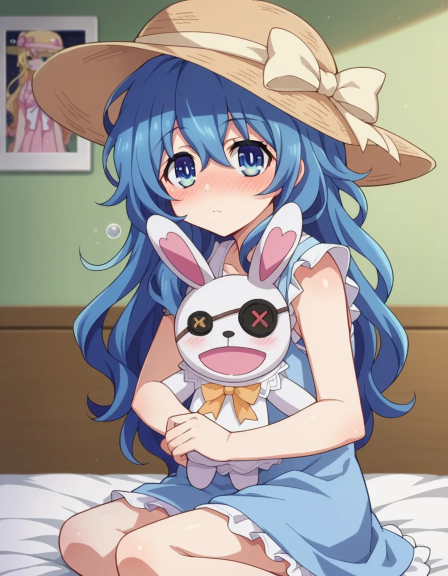 score_9, score_8_up, score_7_up, source_anime,
dalyoshino, <lora:dal-yoshino-s2-ponyxl-lora-nochekaiser:1>,
yoshino casual, long hair, hat, dress, ribbon, blue hair, blue eyes, eyepatch, stuffed toy, sun hat, straw hat, stuffed bunny, puppet, hand puppet,
indoors, bed, bed room, on side, blush, drunk,
looking at viewer, cowboy shot, dutch angle,