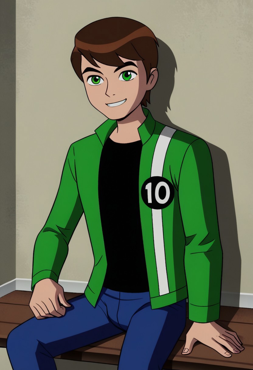 Ben_ua,1boy,solo,short hair,brown hair,green eyes,green jacked,open jacked,black shirt,smile,blue pants,sitting