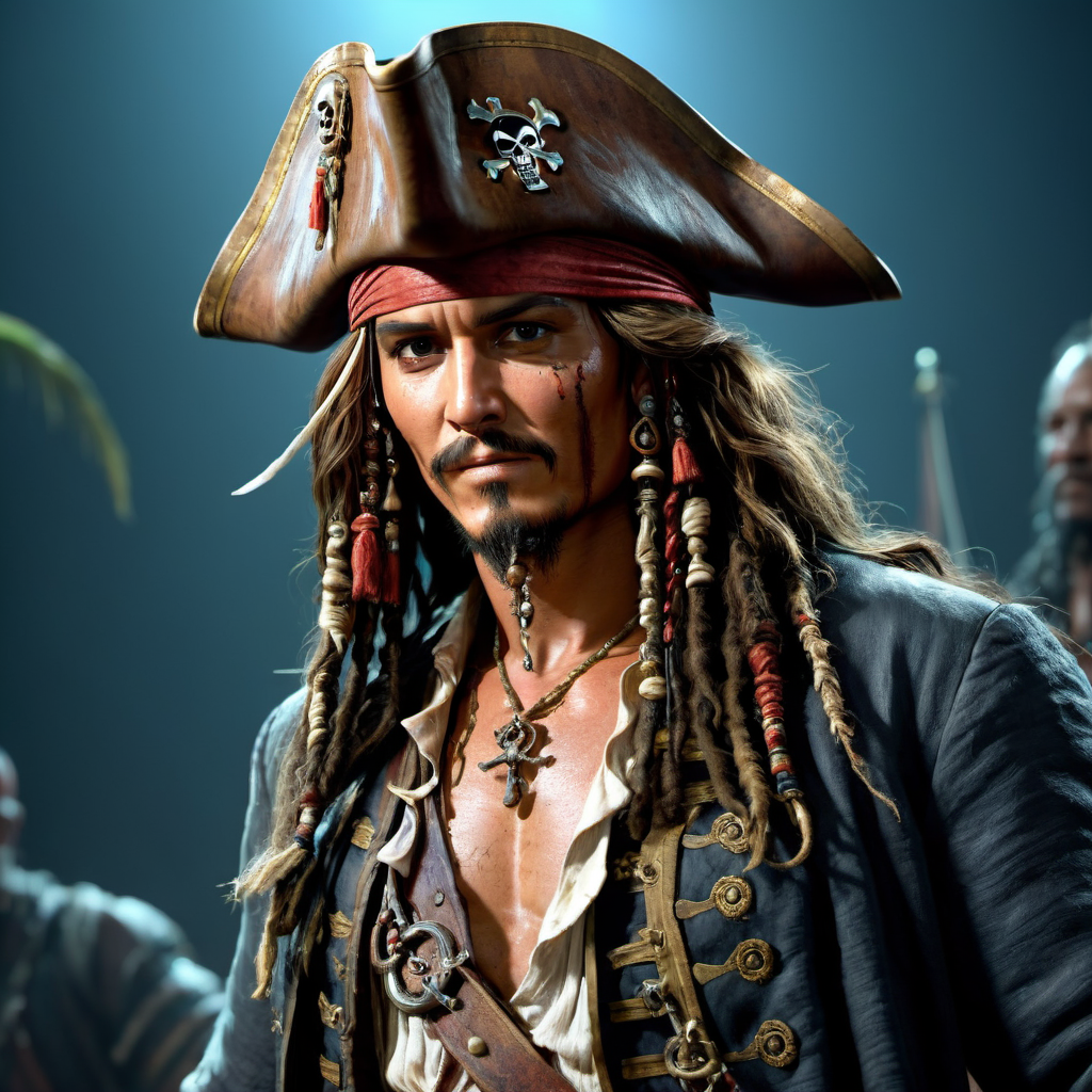 (Cursed pirates of the caribbean:1.44), misc, NijiEX style,  Hy Ceramic uppercut action dynamic contrast material, style by Dave LaChapara and Greg Hildebrandt with amazing neon metallic bilge accents ð¸, 8k octane masterpiece, full body shot, attractive body, rendered in unreal engine 5, ultra detailed, post-processing: very elegant, galactic theme colors with mystery inlay and border <lora:add-detail-xl:1>