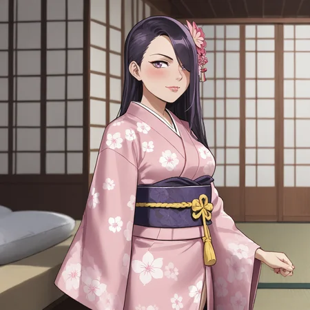 <lora:Vampblade_pony_v1:1>Katie, 1girl, long hair, hair over one eye, black hair, medium breasts,  makeup, purple eyes, cowboy shot,, japanese clothes, kimono, hair ornament, blush, hair flower, pink kimono, sash, obi, floral print, wide sleeves