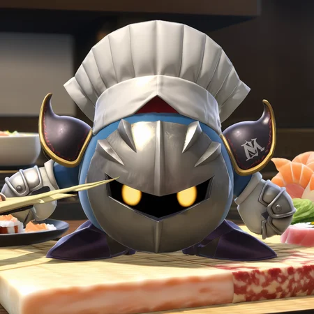 metaknightXL cutting sushi, metaknightXL  wearing (chef hat), <lora:MetaknightXL:.72>, solo, (anime, masterpiece, intricate:1.3), (best quality, hires textures, high detail:1.2), (4k),(incredibly detailed:1.4),UHD, 8K, ultra detailed