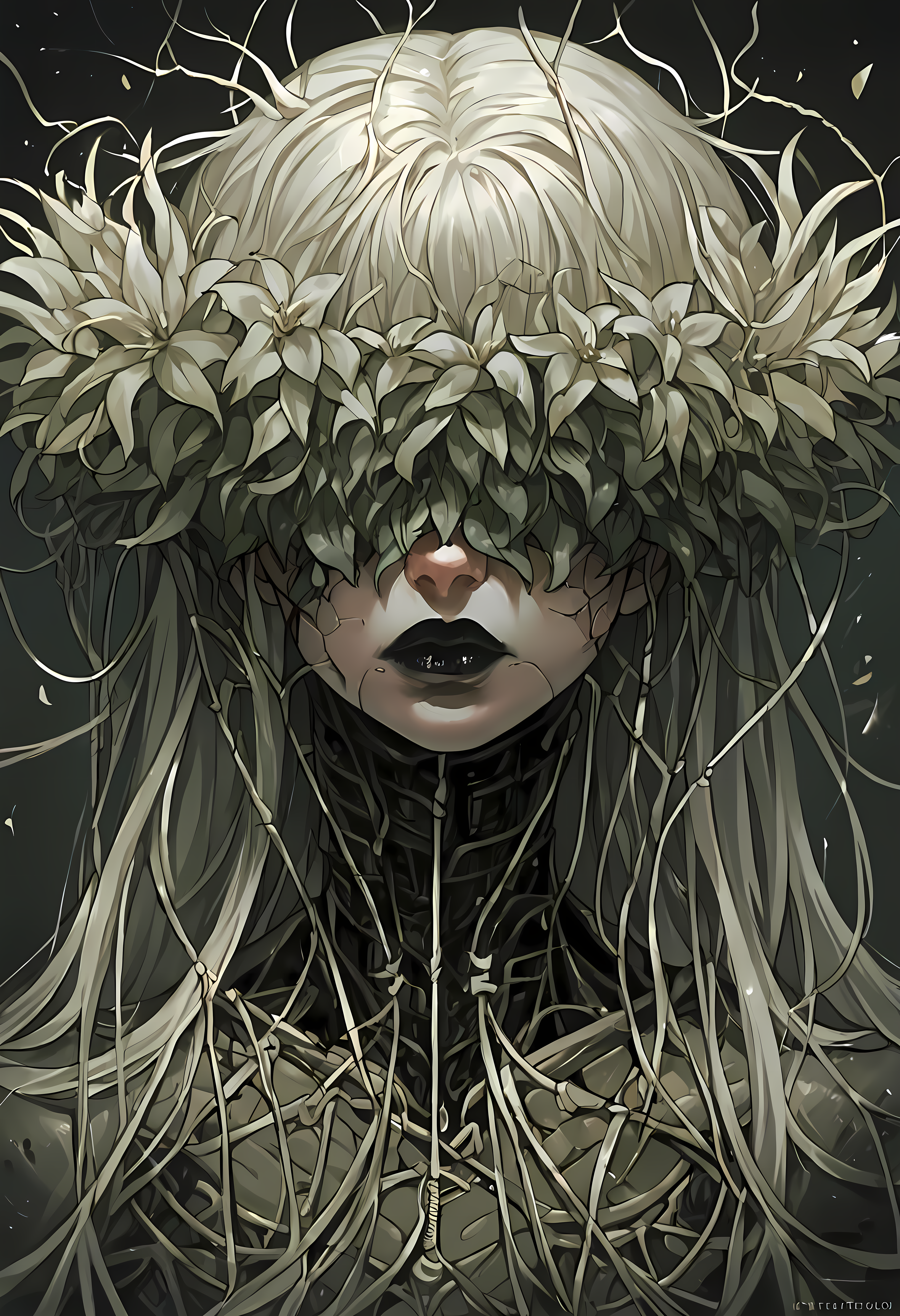 score_9, score_8_up, score_7_up, score_6_up, score_5_up, score_4_up,   <lora:cr34tur3g0r3XLP:0.8> cr34tur3g0r3, 1girl, flowers, cyborg, wires, broken, white hair, messy hair, hair covering eyes, hair over eyes, blunt bangs, black lipstick, robot