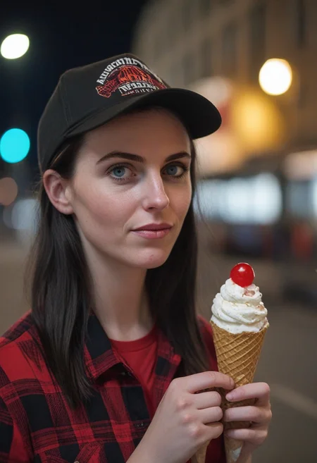 A 30yo woman eating a cone icecream. blue eyes. perfecteyes
Wearing Jeans and Plaid red shirt with a hat/cap red.
Long dark black slick back hair. No makeup.
Night time, Street light.
Looking at camera POV.
Medium Close Up shot.
Bokeh. Bokeh light.
Blurred background.