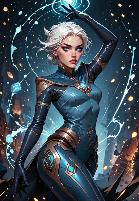 ((zPDXL3)), ((masterpiece,best quality, highly detailed)), ((score_9)), score_8_up, score_7_up, score_6_up, score_5_up, score_4_up, Digital painting style, brushstrokes, ((EnhanceImage)), solo, 1girl, CarmilleLoLPXL, blue eyes, white hair, short hair, wide hips, large breasts, blue gem, blue bodysuit, elbow gloves, black gloves, robot joints, wide hips,
Expressiveh, 30yo, adult lustful confident woman, petite, slender body, perky saggy natural breasts, full lips, bangs, sidelocks, straps,
chinese magical sorceress, animated, swirling magic, wisps of magic, ((dancing pose)), tight squeezed outfit, magical accessories, evoking motion, conveying motion, dynamic splash art,
<lora:PainterlyFantasiaPDXL:0.6>,
