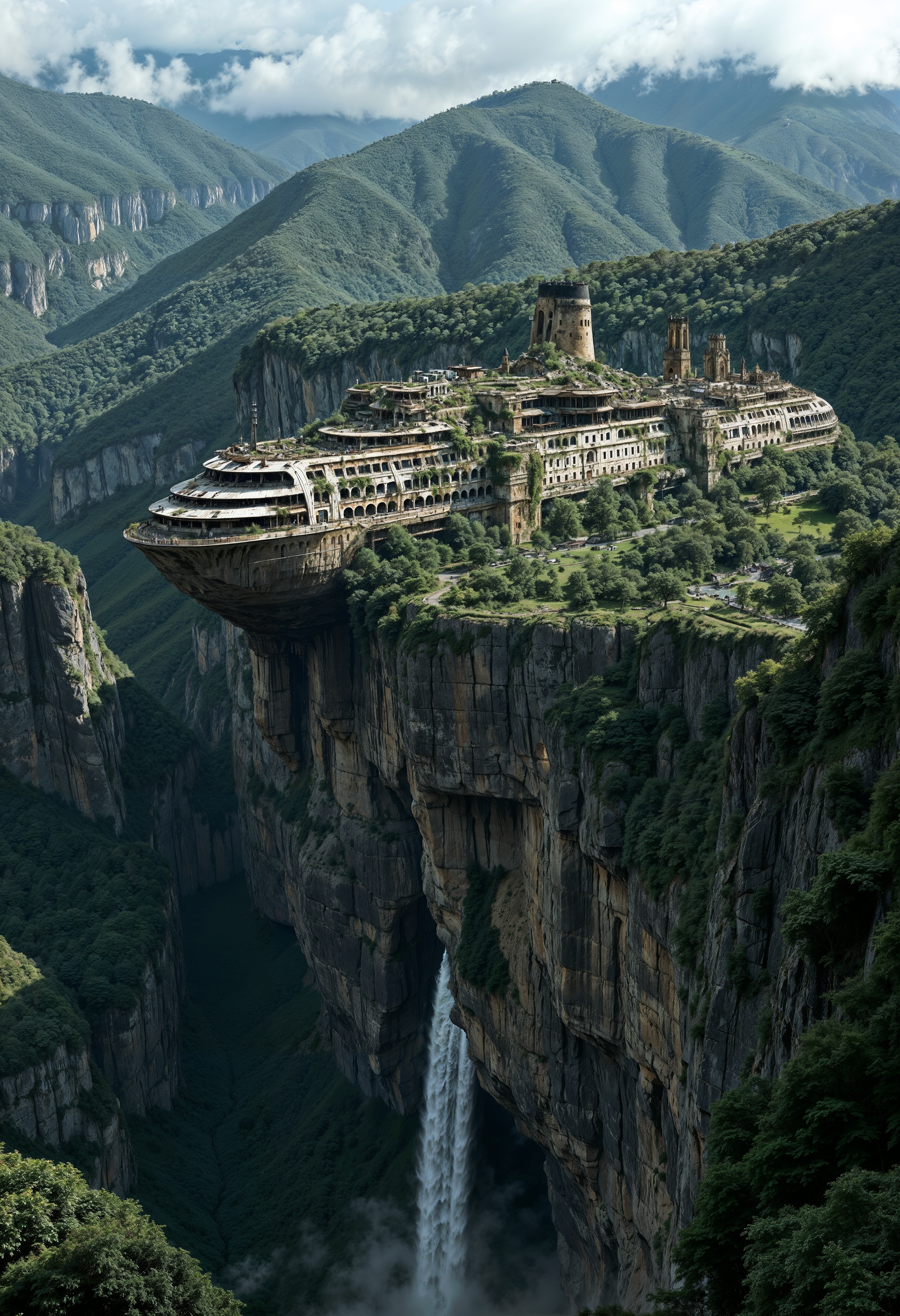 a Dystopian and imaginative scene featuring a massive, abandoned cruise ship perched precariously on a rocky cliff amidst a lush, mountainous landscape. The ship, weathered and overgrown with greenery, and vegetation covering its decks and superstructure. The cliff extends dramatically into the distance, with a waterfall cascading down its side, adding to the sense of isolation and mystery. The background is filled with dense, verdant forests and misty mountains, creating a sense of depth and tranquility. The overall atmosphere is one of nature reclaiming a man-made structure, blending elements of decay and beauty in a striking visual composition.