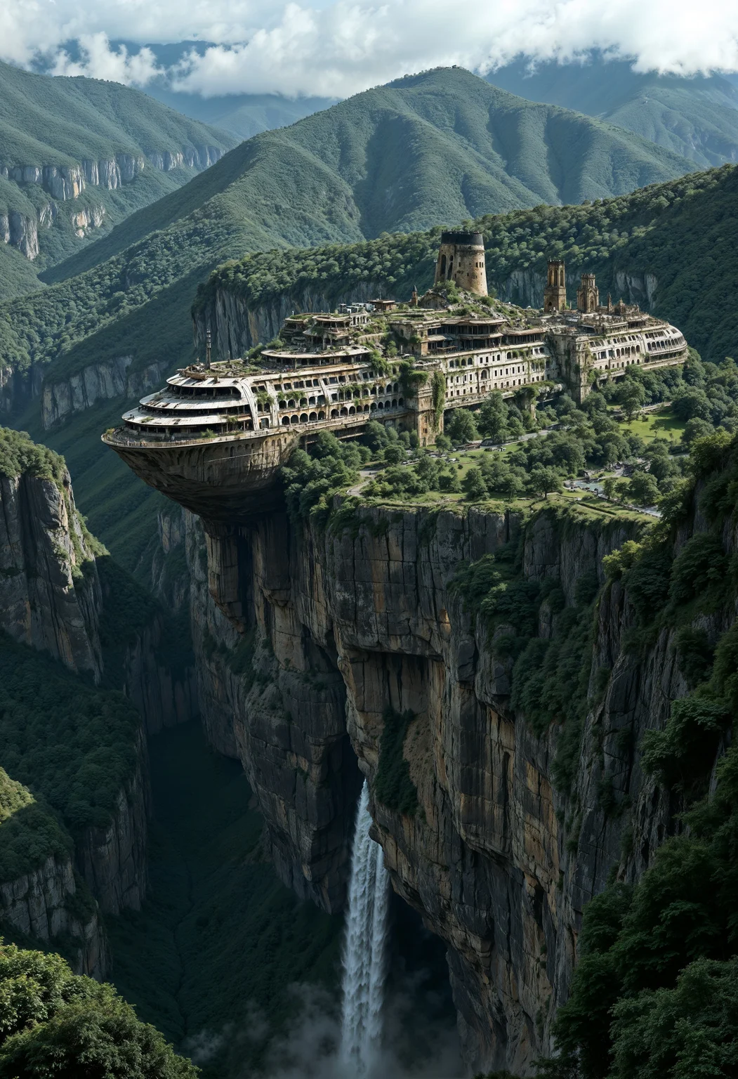 a Dystopian and imaginative scene featuring a massive, abandoned cruise ship perched precariously on a rocky cliff amidst a lush, mountainous landscape. The ship, weathered and overgrown with greenery, and vegetation covering its decks and superstructure. The cliff extends dramatically into the distance, with a waterfall cascading down its side, adding to the sense of isolation and mystery. The background is filled with dense, verdant forests and misty mountains, creating a sense of depth and tranquility. The overall atmosphere is one of nature reclaiming a man-made structure, blending elements of decay and beauty in a striking visual composition.