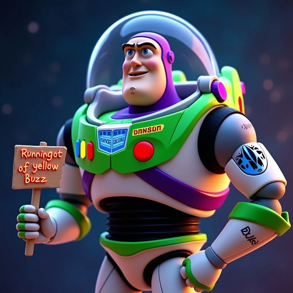 Buzz Lightyear, futuristic space armor, glowing buttons, vibrant colors, heroic pose, detailed jetpack. crying and holding a sign that says "Running out of yellow buzz".galaxy background, dynamic lighting, cinematic style, high detail, 4k resolution.