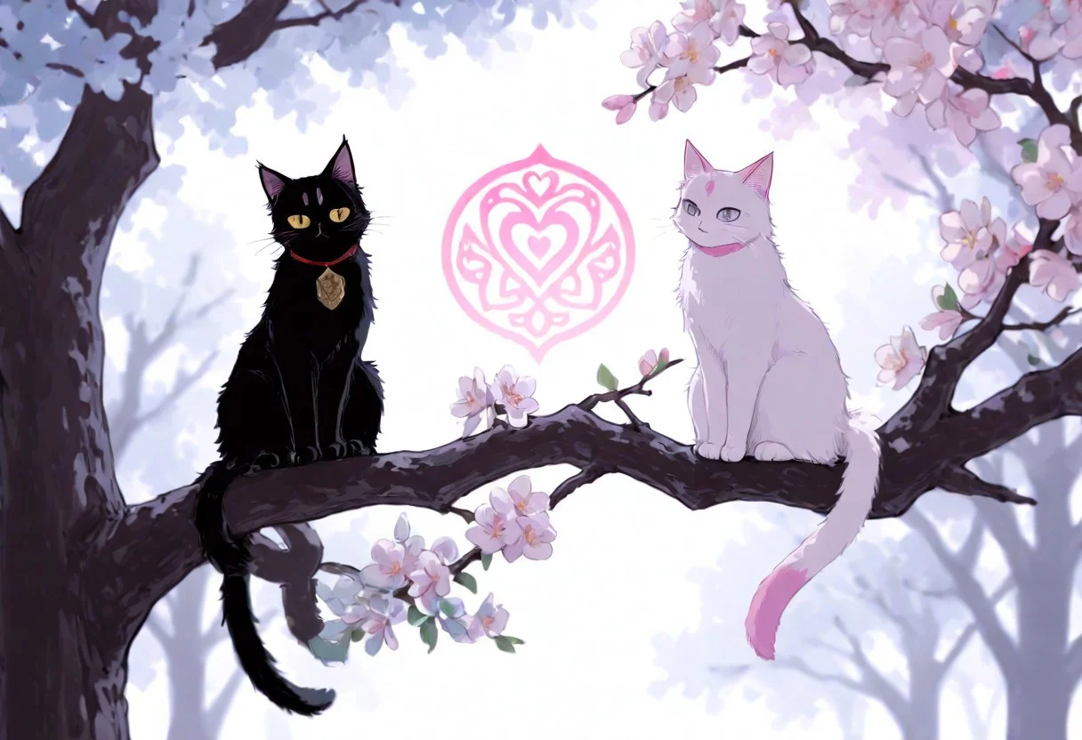 A monochromatic, black-and-white photograph of two cats sitting on a tree branch, facing each other in an intimate and harmonious pose. The left cat is black, while the right cat is white, creating a striking contrast. They are surrounded by delicate, blooming branches with small flowers, adding a serene and romantic atmosphere. The background is softly blurred, focusing the viewer's attention on the cats and their interaction. The lighting is soft, emphasizing the texture of their fur and the gentle ambiance of the scene.
<lora:Anime v1.3:1.2> <lora:Blue_Future:0.9> <lora:Ethereal Brush Anime v2.0:0.6> <lora:It's a LoRA for portraits, BUT! actually specialized in backgrounds. v1.0:0.2>,pink heart in front of them, white sphere on the background