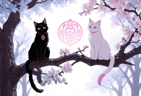 A monochromatic, black-and-white photograph of two cats sitting on a tree branch, facing each other in an intimate and harmonious pose. The left cat is black, while the right cat is white, creating a striking contrast. They are surrounded by delicate, blooming branches with small flowers, adding a serene and romantic atmosphere. The background is softly blurred, focusing the viewer's attention on the cats and their interaction. The lighting is soft, emphasizing the texture of their fur and the gentle ambiance of the scene.
<lora:Anime v1.3:1.2> <lora:Blue_Future:0.9> <lora:Ethereal Brush Anime v2.0:0.6> <lora:It's a LoRA for portraits, BUT! actually specialized in backgrounds. v1.0:0.2>,pink heart in front of them, white sphere on the background