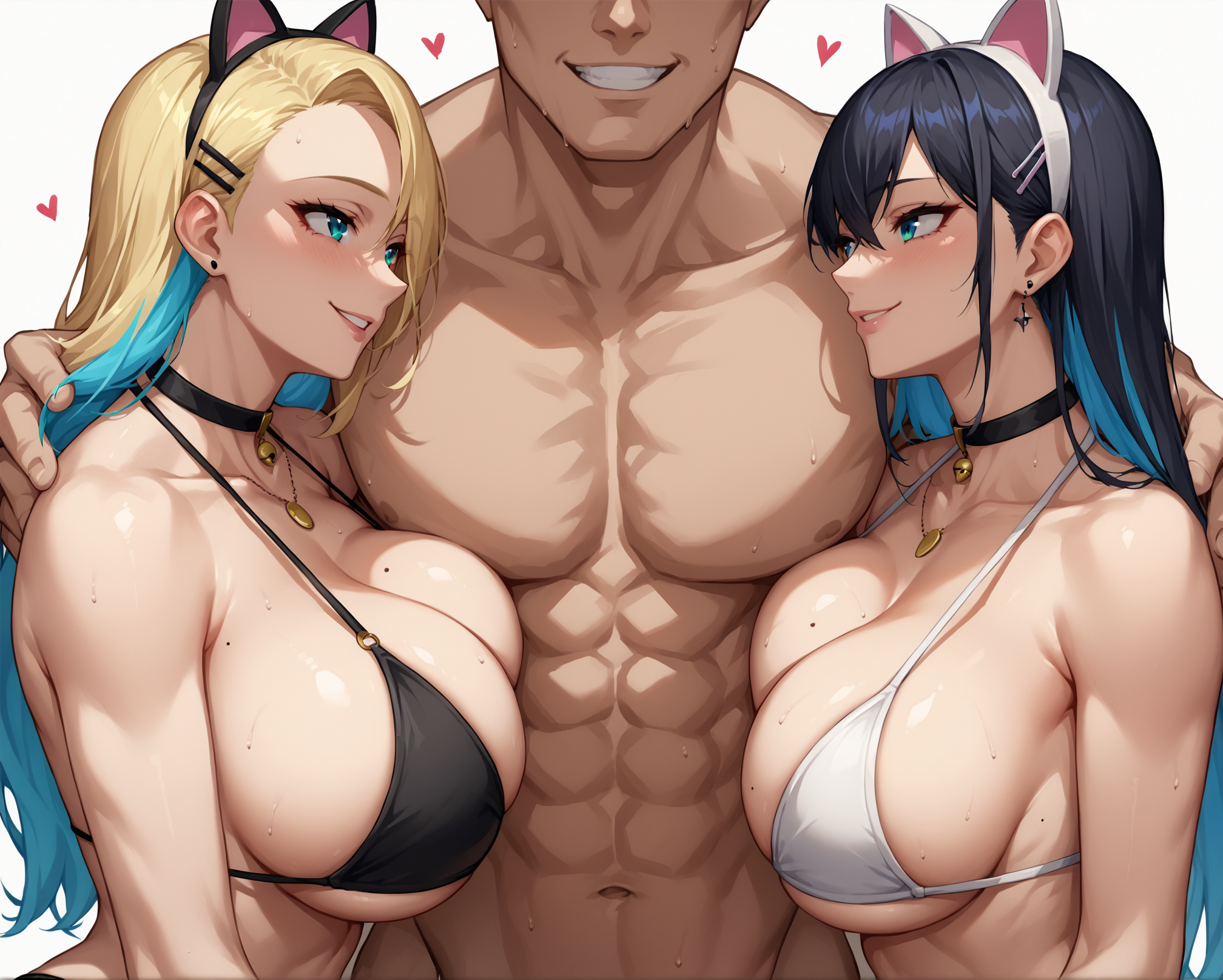 score_9, score_8_up, score_7_up, source_anime BREAK 2girls, 1boy, on back, multicolored hair, standing, upper body, smile, large breasts, perky breasts, cleavage, bikini, <lora:Girl_Sandwich_2girls_1boy:1>, 2girls1boy, breast press, fake cat ears, bald male, faceless male, rating_questionable
