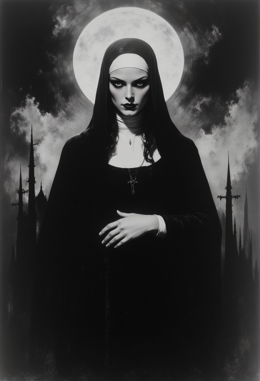 Black and white image, scary religious mystique, fascinating, mythp0rt, ArsMovieStill, 20s Silent Movie Still