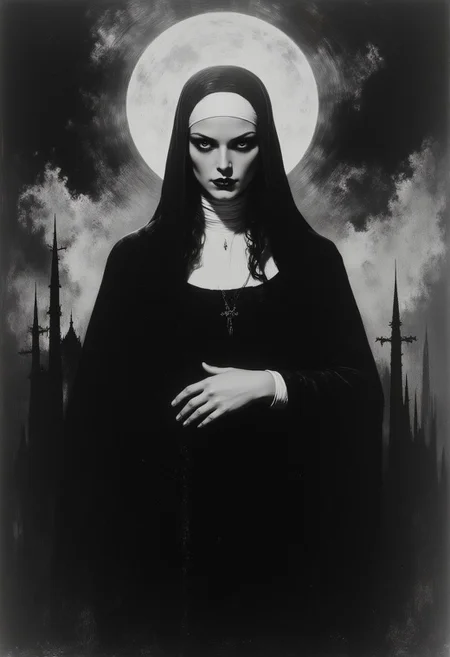 Black and white image, scary religious mystique, fascinating, mythp0rt, ArsMovieStill, 20s Silent Movie Still