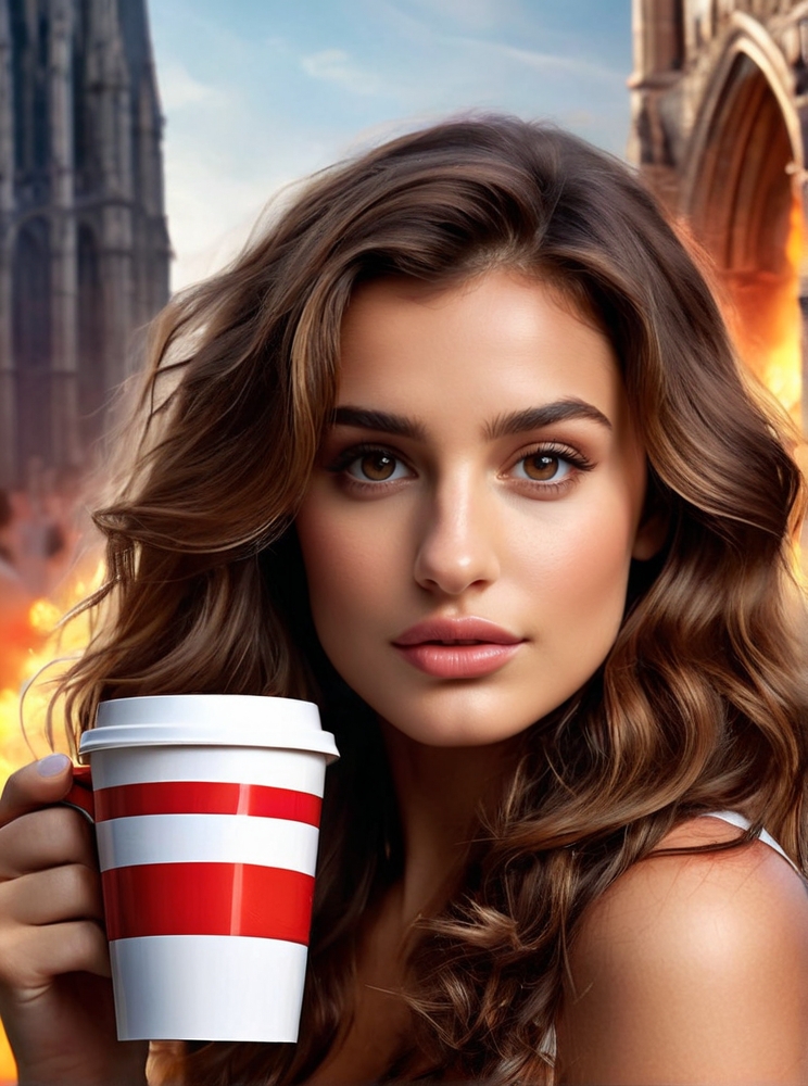 Photo of Discordia Twitch, girl drinking an enormous cup of coffee, background shows a burning cathedral,<lora:PerfectEyesXL:0.5>, (detailed, ultra-detailed body:1.1),best quality,photo-realistic,highly detailed,absurdres,cinematic lighting,hyper-realistic,sharp focus,32k resolution,detailxl,SimplePositiveXLv2,