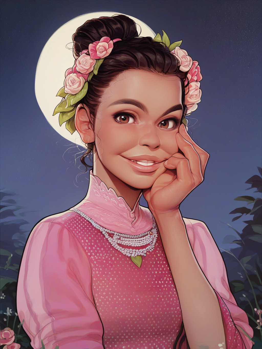 score_9, score_8_up, score_7_up, score_6_up, score_5_up, score_4_up, highly detailed, upper body, outdoors, at a gala, night, 1girl, m1r4nd4C, lips, brown eyes, small breasts, tied hair, single hair bun, black hair, looking at viewer, parted lips, smile, hand on own face, pink dress, <lora:RL_MirandaC_PV6:1>, <lora:incase_v14:1>
