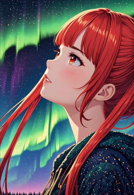 Pointillism style (((masterpiece))),(best quality),4K masterpiece,((ultra-detailed)),highly detailed,detailed shadow,
gold northern lights,closeup of sky, vibrant, highly detailed,1 girl, red hair,twintails
