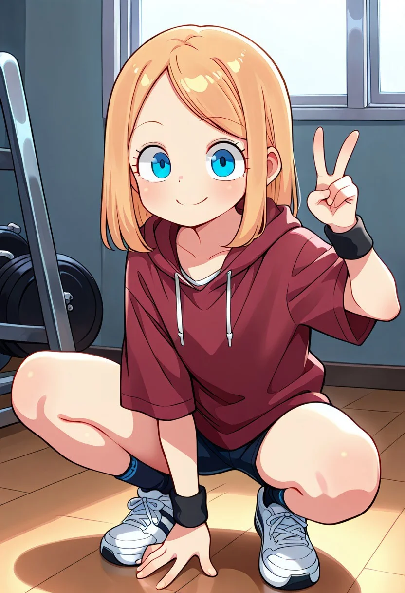 masterpiece, best quality, amazing quality, aesthetic, absurdres, best quality, 4k, upscale, indoors, gym, pose, v, Jessica, blue eyes, smile, squatting, 1girl, blonde hair, wristband, shoes, solo, socks, flat chest, closed mouth, medium hair, hoodie, <lora:Jessica_IL:0.8>