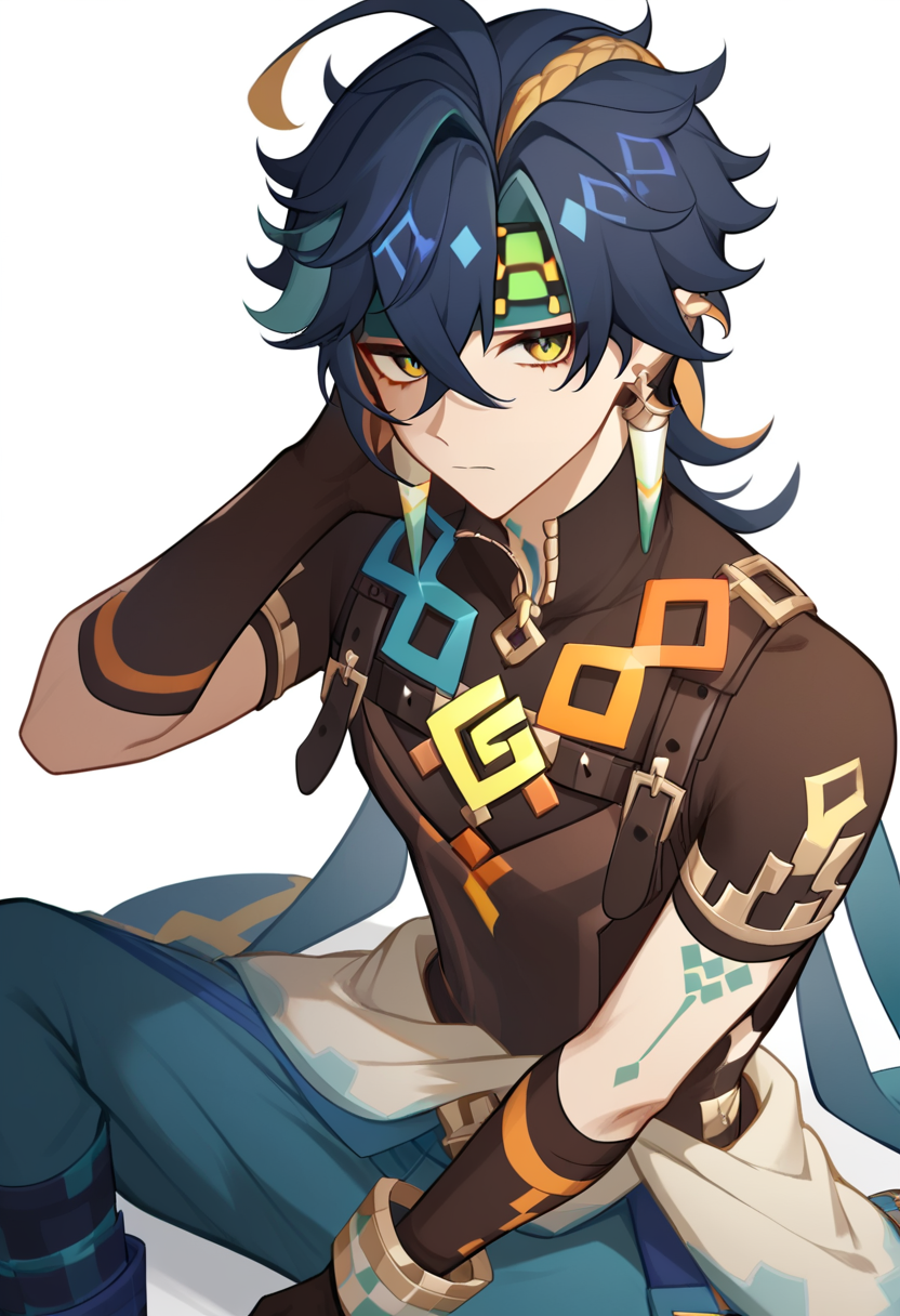 score_9,score_8_up,score_7_up,<lora:kinich_(genshin_impact):1>,kinich_(genshin_impact), male_focus, short_sleeves, 1boy, closed_mouth, solo, black_shirt, looking_at_viewer, blue_pants, simple_background, sitting, gloves, white_background