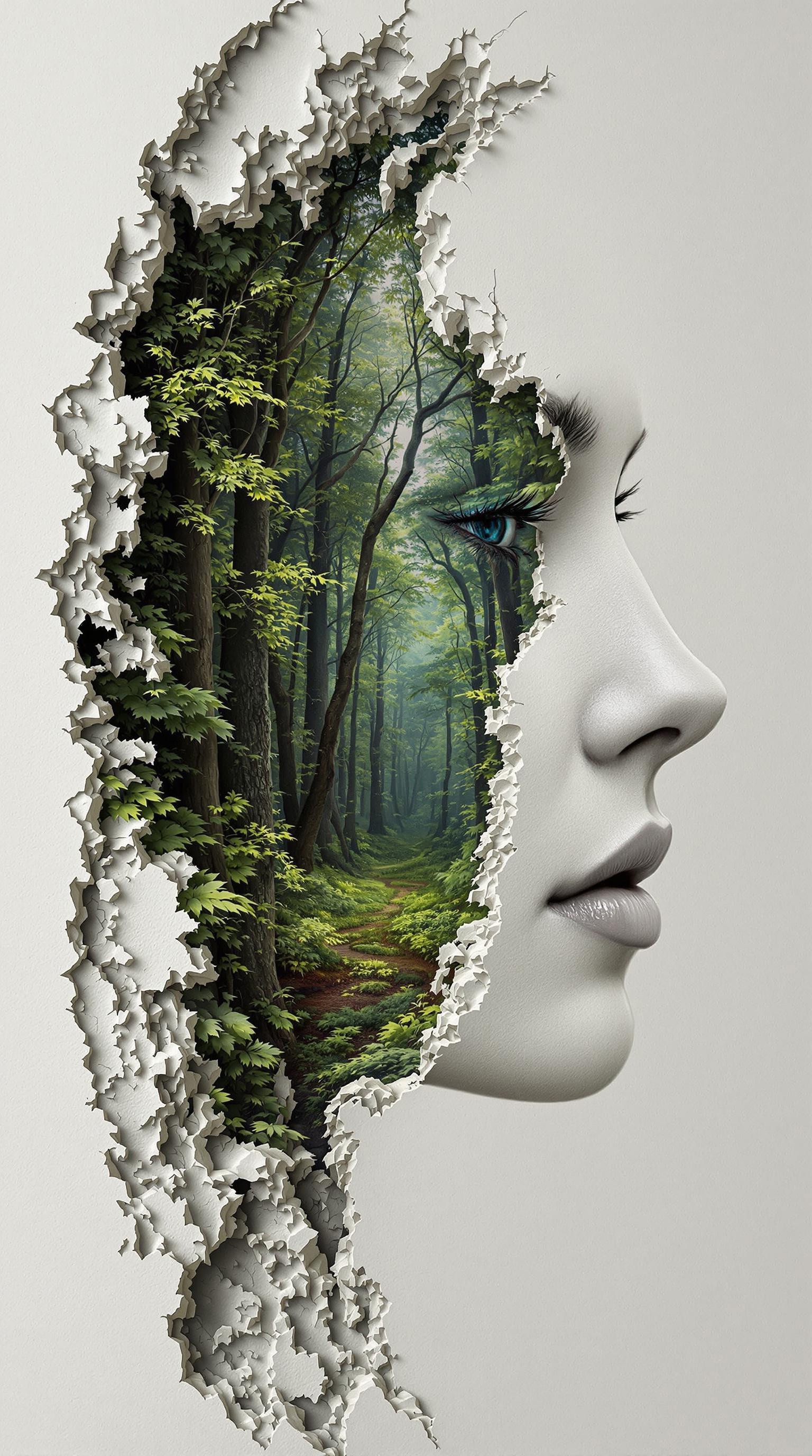 A woman's face, a portal into a mythical forest carved into the side of the woman's face.