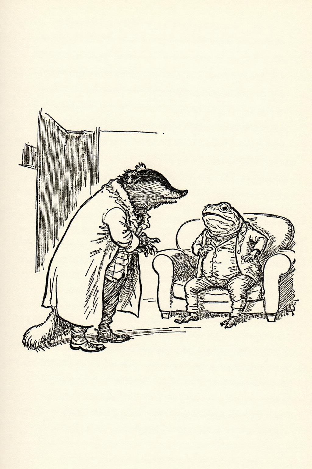 ehshep1 sketch.
Two anthropomorphic animals, a badger and a toad, in a indoor setting. The badger, on the left side of the image, is standing on its hind legs and leaning forward slightly, facing the frog. The badger is dressed in a long, loose-fitting coat, which is slightly open, revealing a vest underneath. The toad is sitting on a sofa, looking towards the viewer. <lora:ehshep2_cap_d6a3e12:1.0><lora:825897257544155541:0>
