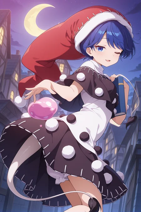 absurdres, highres, masterpiece, best quality, amazing quality, official anime artwork, screencap, anime screencap, outdoors, looking at viewer, light smile, dynamic pose, night,
 <lora:Doremy-Sweet_Illustrious:1> doremy sweet, 1girl, solo, blue eyes, blue hair, short hair, tapir tail,, black capelet, white dress, nightcap, red hat, pom pom \(clothes\), white footwear, 
holding book, one eye closed, open mouth, :3, crescent moon, town, dream soul,