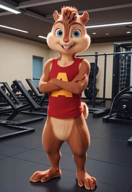 Score_9, score_8_up, score_7_up, source_furry, Alvin Seville, chipmunk, chipmunk male, furry male, furry, 3d, render, movie screencap, blue eyes, toned body, toned arms, toned legs and thighs, red tank top, barefoot, gym, machines, smiling, crossed arms, looking at viewer, <lora:Alvin _Seville __Alvin_and_the_Chipmunks__CG_Movie_version:0.8>