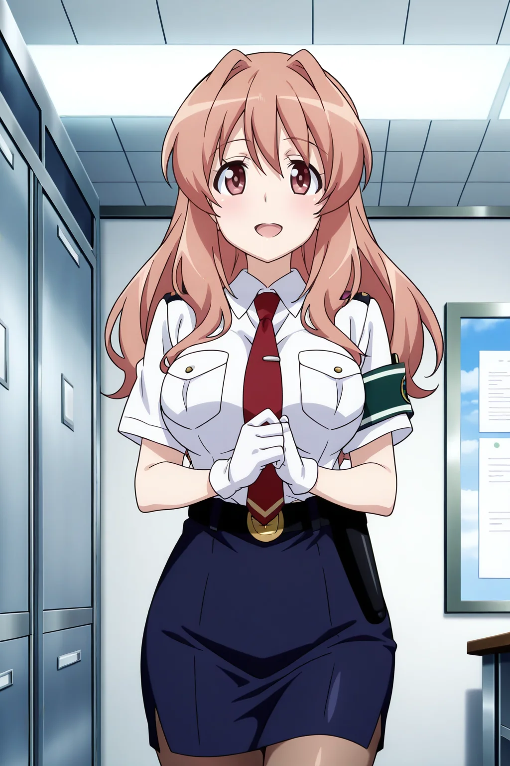 anime screenshot, anime coloring, koumi haruka, 1girl, solo, brown hair, long hair, hair intakes, brown eyes, large breasts, police uniform, white shirt, collared shirt, short sleeves, red necktie, white gloves, black belt, green armband, blue skirt, pencil skirt, brown pantyhose, holster, looking at viewer, smile, open mouth, own hands together, indoors, office, masterpiece, best quality, high quality, highres, absurdres, <lora:koumi_haruka_ILXL_v2:0.9>