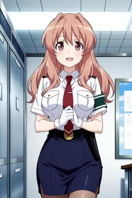 anime screenshot, anime coloring, koumi haruka, 1girl, solo, brown hair, long hair, hair intakes, brown eyes, large breasts, police uniform, white shirt, collared shirt, short sleeves, red necktie, white gloves, black belt, green armband, blue skirt, pencil skirt, brown pantyhose, holster, looking at viewer, smile, open mouth, own hands together, indoors, office, masterpiece, best quality, high quality, highres, absurdres, <lora:koumi_haruka_ILXL_v2:0.9>