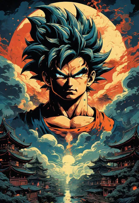 Anime illustration inspired by the four elements of nature, reminiscent of the style of James Jean, the iconic Goku from Dragon Ball navigates a port city setting, depicted in a poster format akin to the detailed atmospheric portraits of John Pitre, combining elements of deathcore and biopunk horror art. The dark and intricate scene unfolds with unique illustrations and precisionist oil painting techniques, incorporating airbrushed mystical landscapes and intricate psychedelic details, all in a palette of dark azure and red, evoking a witchcore aesthetic.