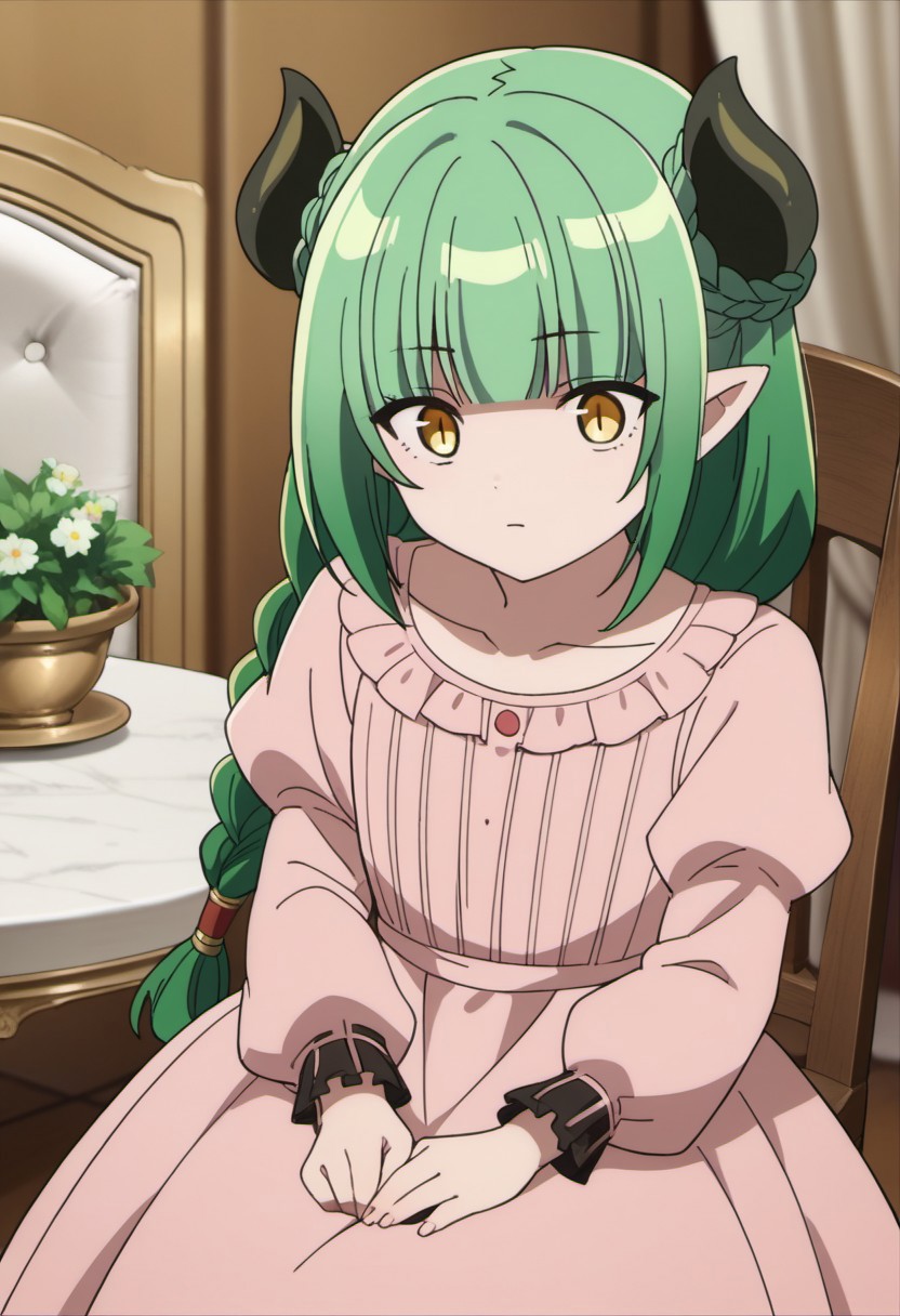 score_9, score_8_up, score_7_up, source_anime, valefor, green hair, long hair, yellow eyes, braid, demon horns, 1girl, horns, solo, long sleeves, pink dress, dress, anime coloring, puffy sleeves, chair, blunt bangs, pointy ears, collarbone