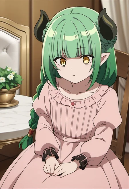score_9, score_8_up, score_7_up, source_anime, valefor, green hair, long hair, yellow eyes, braid, demon horns, 1girl, horns, solo, long sleeves, pink dress, dress, anime coloring, puffy sleeves, chair, blunt bangs, pointy ears, collarbone