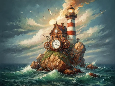 ultradetailed lighthouse in stormy sea scenery, made out of clocks and gears in steampunk style, intricate and hyperdetailed fluid acryl and oil splash, by Anna Dittmann, Sergej Sviridov, steampunk fantasy art, volumetric lightning, amazing depth, watercolor stains, perfect balanced styles, maximalism, mechanical gears, complex steampunk, chains, ornate, brocade, art nouveau, muted metallic, smooth, brass, pyrite, biopunk, nanopunk, chains, pipes, copper, smoke, spray, dust, mist, fog, dark complementary colors, hyperdetailed, dramatic masterwork by head of prompt engineering <lora:Anna_Dittmann_Style_XL-000009:0.7> <lora:200_Sergej_Sviridov:0.7>