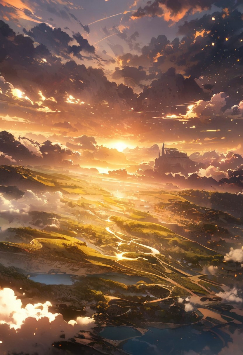 A haven for animals, detailed landscape, captivating, fantastic, great lighting, Nature, grasslands, sun, sunset, silhouettes of animals, animals covered in gold particles,( from above),  double exposure, beautiful view, mysterious glow, beautiful clouds, depth of field, masterpiece, best quality, 8k, ultra-detailed, very aesthetic, illustration, superb composition, finest details, , intricate details, absurdres, high contrast, RAW, concept art,