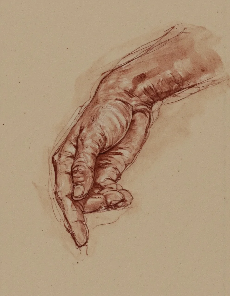 Art by Patrick Jones. A realistic, detailed drawing of a male figure from a top-down perspective, drawn in a realistic style with a focus on anatomy and texture. the figure is positioned in the middle of the image, with the upper body facing towards the viewer and the head slightly tilted upwards. it appears to be a single hand, with a long, curled wrist and a small, closed mouth. the hand is drawn with a smooth, contoured texture, and the skin is a warm, reddish-brown color. the drawing is on a plain, light brown paper background.
Shading, Freehand Drawing, Loose Lines, Gestural, Outline.