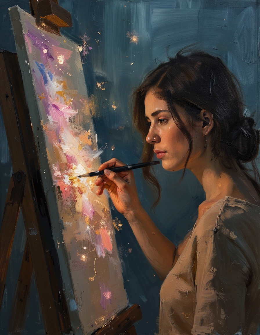 closeup portrait of an artist at work painting on her canvas easel magical worlds glowing magical energies, double exposure bright background high key lighting