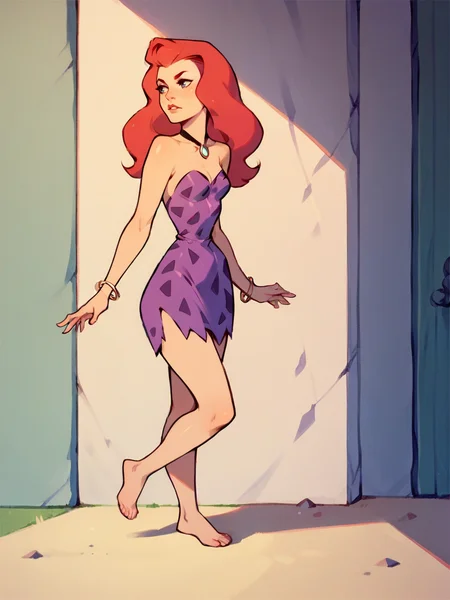 score_9, score_8_up, score_7_up, score_6_up, score_5_up, <lora:AnnMargrockXLP2:1> ann margrock, 1girl, red hair, long hair, solo, barefoot, purple dress