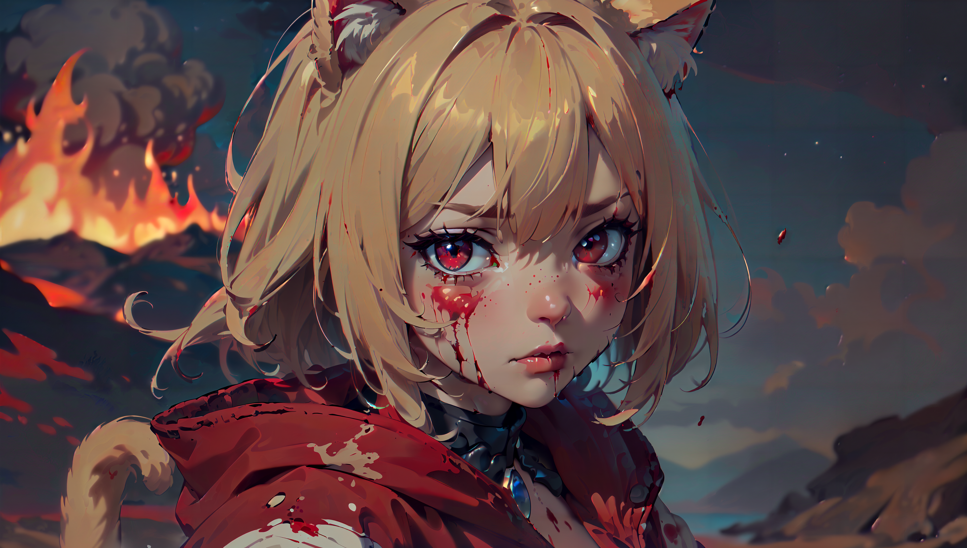 (extremely detailed:1.3), (masterpiece:1.3), sfw, (new weird fantasy art:1.3), a (viewed from close-up camera angle:1.4) illustration of a
(showy woman (catgirl, feline ears, cat tail:1.3) with a pear shaped body:1.3), (detailed [dark beige-colored|medium copper-colored] skin, detailed hands, perfect detailed fingers, detailed face with blood speckles:1.3), (detailed ash blonde pixie cut:1.3), (detailed pastel pink eyes), (small breasts:1.3), (utterly distressed:1.3), (in an exhausted pose:1.4), (wearing (puffy fitting:1.3) (blood splattered:1.3) Scarlet Red color and Clay corsair:1.3 robes made of steel and wood adorned with beads:1.3), (arcane storm:1.3), (detailed immaculate infernal realm on fire background, basalt, detailed molten lava flows, detailed explosions, detailed vast fiery landscape, detailed active volcano, massive ash cloud in the sky:1.3), (nighttime, night, dim lighting, dark atmosphere, daylight:-1.6, sunlight:-1.6:1.3), (sharp focus, (depth of field:1.4)), ultra quality, 8k, widescreen <lora:add_detail:.2> <lora:JW:.2>