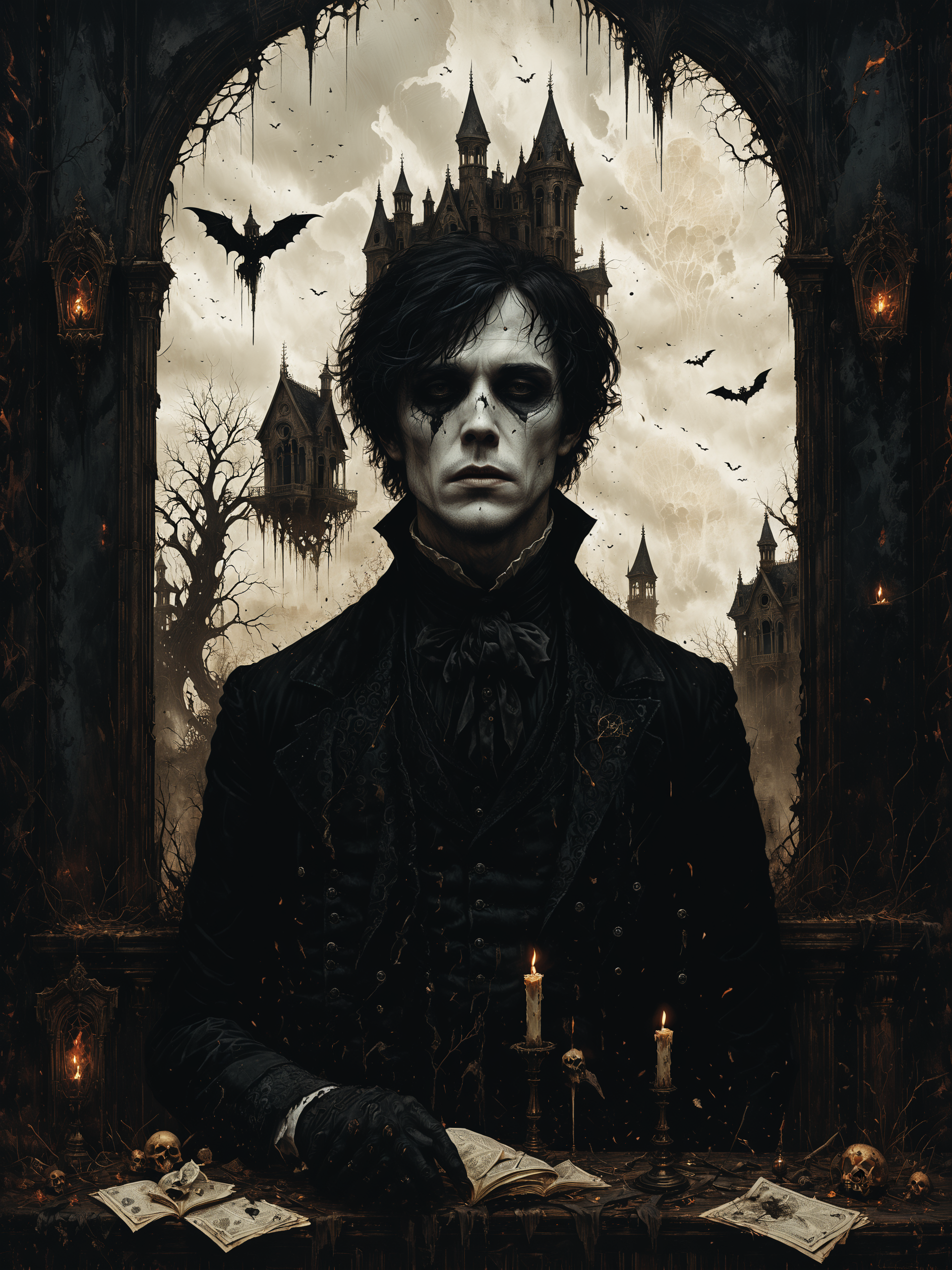 macabre style, digital illustration of Quantum illusionist creating alternate reality simulations, Crumbling, haunted mansion with broken windows in the background,, dark, gothic, grim, haunting, highly detailed smooth, artstation, digital illustration by ruan jia and mandy jurgens and artgerm and wayne barlowe and greg rutkowski and zdislav beksinski   <lora:Misty_Vintage:0.7> <lora:xl_more_art-full_v1:0.3>