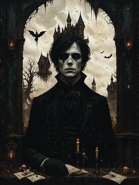 macabre style, digital illustration of Quantum illusionist creating alternate reality simulations, Crumbling, haunted mansion with broken windows in the background,, dark, gothic, grim, haunting, highly detailed smooth, artstation, digital illustration by ruan jia and mandy jurgens and artgerm and wayne barlowe and greg rutkowski and zdislav beksinski   <lora:Misty_Vintage:0.7> <lora:xl_more_art-full_v1:0.3>