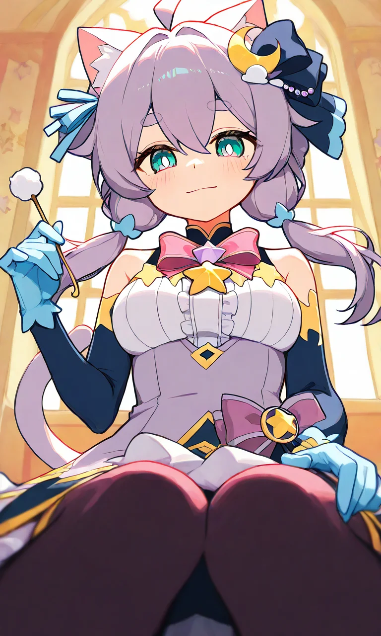 score_9, score_8_up, score_7_up, source_anime, wallpaper, BREAK,
(1girl:1.2), solo, <lora:PrismSaltIllustTest0.0.2 EA 4LR16EP:1>, salt\(maimai\), thick eyebrows, ahoge, hair between eyes, light smile,
cat ears, cat tail, animal ear fluff, green eyes, (grey purple hair:1.1), hair ornament, large breasts, star ribbon,star \(symbol\), star decorations,
crescent hair ornament, blue elbow gloves,<lora:HandFixer_pdxl_Incrs_v1:0.6>,
looking at viewer, bright pupils, from below, looking down,
indoors, cowboy shot, straight-on, lap pov, lap pillow, mimikaki,
masterpiece, best quality, extremely detailed,
<lora:delicate:1>,