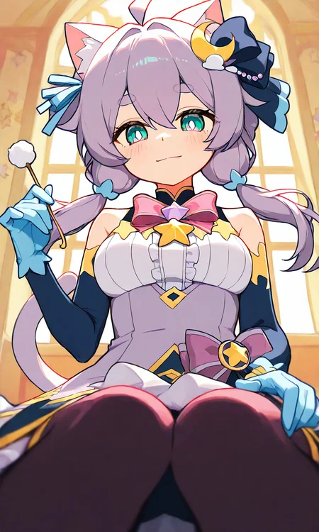 score_9, score_8_up, score_7_up, source_anime, wallpaper, BREAK,
(1girl:1.2), solo, <lora:PrismSaltIllustTest0.0.2 EA 4LR16EP:1>, salt\(maimai\), thick eyebrows, ahoge, hair between eyes, light smile,
cat ears, cat tail, animal ear fluff, green eyes, (grey purple hair:1.1), hair ornament, large breasts, star ribbon,star \(symbol\), star decorations,
crescent hair ornament, blue elbow gloves,<lora:HandFixer_pdxl_Incrs_v1:0.6>,
looking at viewer, bright pupils, from below, looking down,
indoors, cowboy shot, straight-on, lap pov, lap pillow, mimikaki,
masterpiece, best quality, extremely detailed,
<lora:delicate:1>,