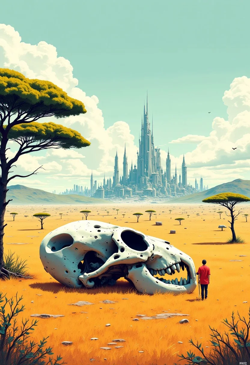 Concept illustration of a giant's skull lies on the African savanna, a small figure next to it, acacia trees, an african metropolis in the distance, cyberpunk