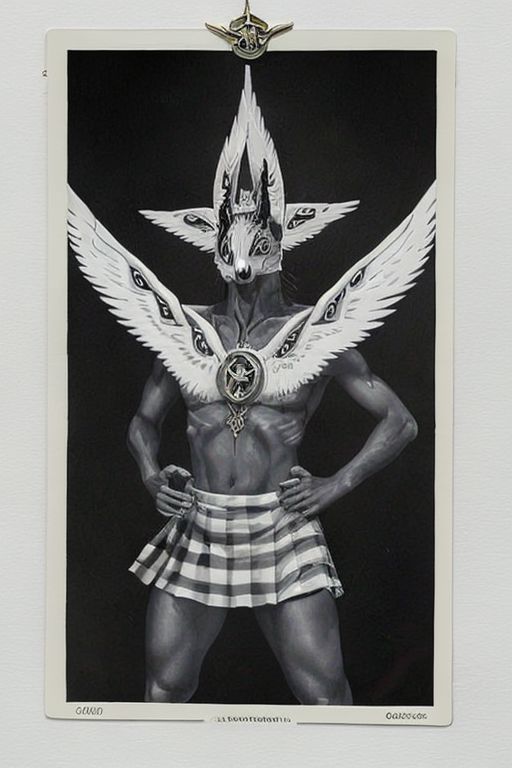 <lora:Tarotv0.2:0.8>, tarot card, b1bl1c4l mask, many wings, many eyes, Anubis crucified to the  Caduceus, twin symmetrical serpents wrap his body to the cross. in the background of the image are a pyramid, a wheel, a ((hammer)), a ((checkerboard square)). At the feet of Anubis GaelicPatternStyle 'the tendrils of the circuit reach out and connect with the borders of the tarot card. Anubis' feet on the cross point down to a minicomputer, which in turn fans out into a oblique expension of wires. cyberspace_background (background of (highly detailed line art, intricate, hidden meaning and illuminati symbols)), 8k, highly detailed, intricate subtle textures, porcelain, lace, smoke, {(owl, fox, moth) shoulders}, {{curtsey, skirtlift (((lifting white pleated skirt)))}}
