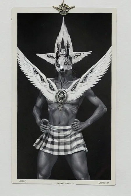 <lora:Tarotv0.2:0.8>, tarot card, b1bl1c4l mask, many wings, many eyes, Anubis crucified to the  Caduceus, twin symmetrical serpents wrap his body to the cross. in the background of the image are a pyramid, a wheel, a ((hammer)), a ((checkerboard square)). At the feet of Anubis GaelicPatternStyle 'the tendrils of the circuit reach out and connect with the borders of the tarot card. Anubis' feet on the cross point down to a minicomputer, which in turn fans out into a oblique expension of wires. cyberspace_background (background of (highly detailed line art, intricate, hidden meaning and illuminati symbols)), 8k, highly detailed, intricate subtle textures, porcelain, lace, smoke, {(owl, fox, moth) shoulders}, {{curtsey, skirtlift (((lifting white pleated skirt)))}}