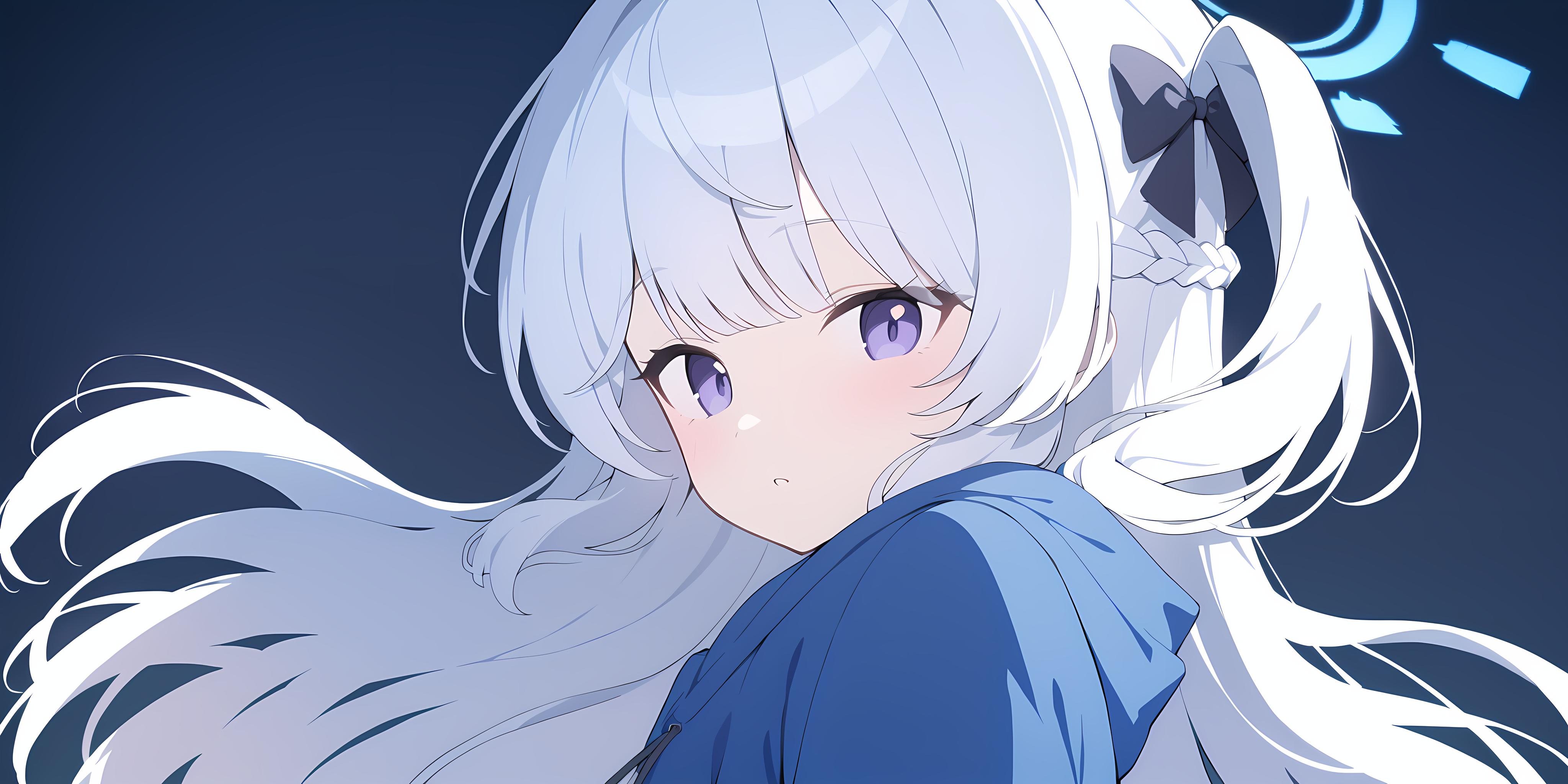 (simple background , pastel blue background), (close-up), detail eyes ,
 <lora:XL_jc_miyako_v1:1> miyako_(young)_(blue_archive), halo, white hair, purple eyes, blue hoodie, one side up, long hair, eyebrows visible through hair, long sleeves, bangs, blush, 1girl, hood, hoodie, hood down, very long hair, bow, solo, hair bow, drawstring, looking at viewer, braid, black bow, cute , masterpiece, best quality, 1girl, solo, cinematic, soft lighting, shine skin , light skin , 8k
