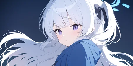 (simple background , pastel blue background), (close-up), detail eyes ,
 <lora:XL_jc_miyako_v1:1> miyako_(young)_(blue_archive), halo, white hair, purple eyes, blue hoodie, one side up, long hair, eyebrows visible through hair, long sleeves, bangs, blush, 1girl, hood, hoodie, hood down, very long hair, bow, solo, hair bow, drawstring, looking at viewer, braid, black bow, cute , masterpiece, best quality, 1girl, solo, cinematic, soft lighting, shine skin , light skin , 8k