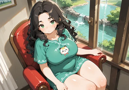 PonyScores7, source_anime, ah1, <lora:natsumi_style:0.5>, <lora:by_usakun-pony:0.4> by usakun, <lora:Akina_Bbw_Style_-_PonyXL:0.2> AkinBw
BREAK 1girl, (curly hair), long hair, (black hair:1.5), mature female, (parted hair:1.7), (round face:1.2), (thick eyebrows:1.2), (curvy), round-chin, (greenish brown eyes:1.4), (colorful eyes), (multicolored eyes), caucasian, (downturned eyes:1.2), (plump face), messy hair, <lora:Round_face:0.1>, <lora:ETO_OCPonyXL:0.5> eto_oc, skindentation, (plump:1.1), thick thighs, wide hips, busty, voluptuous, kinky curls, lips, <lora:venus body PonyXL:0.4>, (indifferent), (sits on a plush chair, legs curled beneath them, with a thoughtful expression as they gaze out a window), (a calm lake surrounded by lush trees, with a waterfall cascading down rocks, creating a peaceful and inviting ambiance), looking at viewer, (Glowing Cosmic Galaxy rainbow color Cold shoulder tunic and leggings)
BREAK <lora:xl_more_art-full_v1:0.2>, <lora:shinyskin2:0.2> glistening skin, <lora:aesthetic_anime_v1s:0.2>, <lora:Expressive_H:0.2> Expressiveh, <lora:hairdetailpxl:0.2> hairdetailpxl, <lora:EpicF4nta5yXL:0.2>, <lora:detailxl:0.2> detailxl, <lora:Fant5yP0ny:0.2>, best quality, amazing quality, best aesthetic, absurdres, <lora:expressive eyes:0.2> expressive eyes, <lora:eyedetailpxl:0.2> eyedetailpxl, illustration, Volumetric_Lighting, ultra-detailed, very aesthetic, intricate details, 8k, masterpiece, best_quality
BREAK (High Angle (from the side) view Extreme Close shot, focus on legs)
BREAK <lora:Eyes_High_Definition:0.3> EyesHD, Stable_Yogis_PDXL_Positives, AS-Adult, <lora:Complicated fantasy portrait - XL Pony V2.0:0.4>, bad-hands-5, <lora:HDA_Detailer:0.2>, HDA_FatGirlXL,