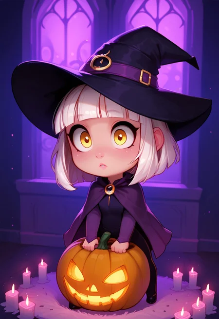 best quality, highly detailed, score_9, score_8_up, score_7_up, score_6_up,source_anime, BREAK, expressiveh, 1girl(Mikola from AFK Journey/,(ultra HD quality details), short white hair, hair hanging loose, (yellow eyes), SFW, Safe For Work, wide eyes, cutest girl in the world), source_cartoon, lineless, lilandavastyle, easynegative, g0thicPXL, glowing, neon, depth of field, makeup, Halloween theme, creepy haunted house interior, wearing a dark purple witch's outfit with a pointy witch hat, solo girl only, cute image, chibi, gleeful expression, carving a huge pumpkin,